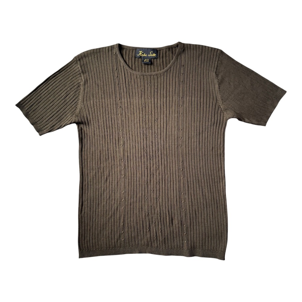 Vintage 100% Silk Ribbed‎ Top Keke Silk Olive Green Minimalist Luxury Fall Layer